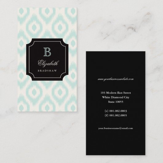 Stylish Chic Mint Ivory Diamond Ikat Monogram Visitekaartje (Voorkant / Achterkant)
