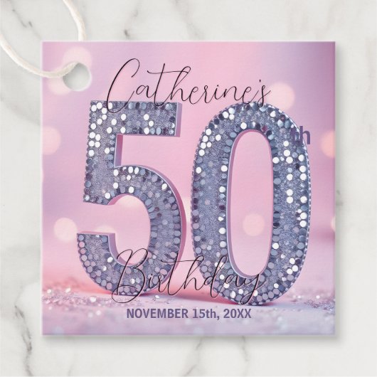 Stylish Chic Pink and Silver Sequin 50th Birthday Bedankjes Labels (Voorkant)