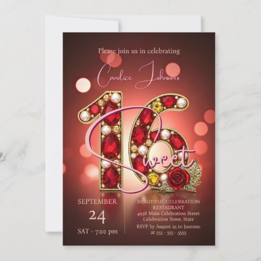 Stylish Chic Red Rose Gold Ruby Gemstone Sweet 16 Kaart (Voorkant)