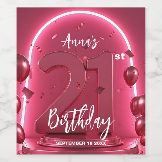 Stylish Chic Vibrant Pink Neon Arch 21st Birthday Wijn Etiket (Enkel label)