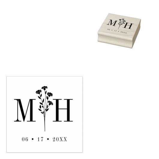 Stylish Chic Wedding Wildflowers Initials Monogram Rubberstempel (Gestempeld)