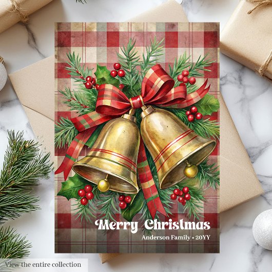 Stylish Christmas bells classic holly berries card Feestdagenkaart