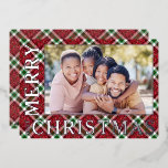 Stylish Christmas Plaid Photo Folie Feestdagenkaart<br><div class="desc">Christmas photo cards feature your favorite photo on a beautiful Christmas holiday sparkly plaid with Merry Christmas and the year in real silver,  gold or rose gold foil on the front. Your personal greeting and names on the back.</div>