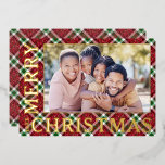 Stylish Christmas Plaid Photo Folie Feestdagenkaart<br><div class="desc">Christmas photo cards feature your favorite photo on a beautiful Christmas holiday sparkly plaid with Merry Christmas and the year in real gold,  silver  or rose gold foil on the front. Your personal greeting and names on the back.</div>