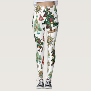 Stylish Christmas Tree Jewel Pattern Plain White Leggings