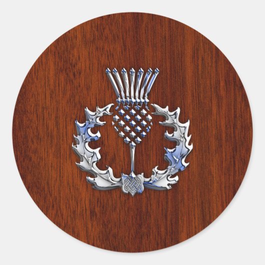 Stylish Chrome en Mahogany Wood Scottish Thistle Ronde Sticker (Voorkant)