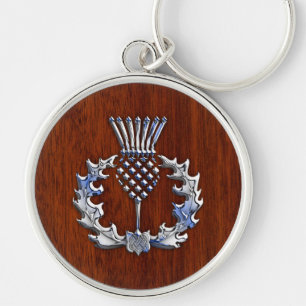 Stylish Chrome en Mahogany Wood Scottish Thistle Sleutelhanger