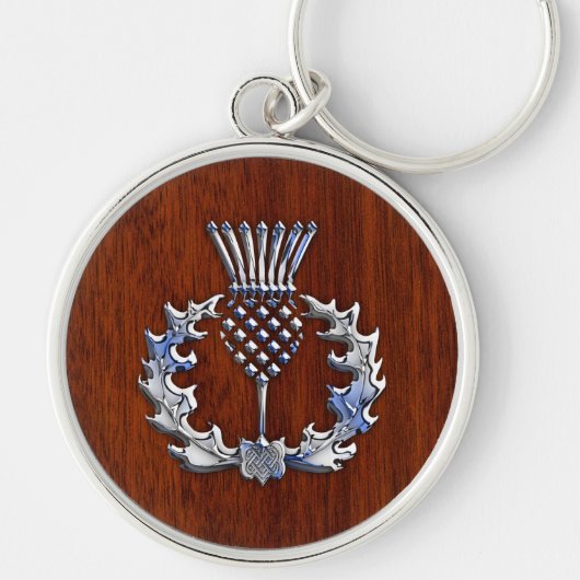 Stylish Chrome en Mahogany Wood Scottish Thistle Sleutelhanger (Voorkant)