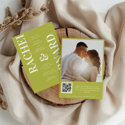 Stylish Citrus Green Typography QR Code Wedding Kaart