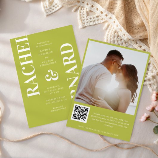 Stylish Citrus Green Typography QR Code Wedding Kaart