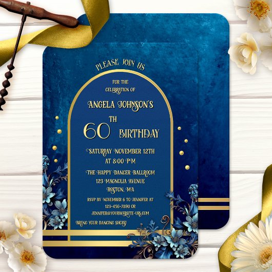 Stylish Classic Blue Gold Floral Birthday Kaart