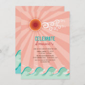 Stylish Cool Waves Pink Sun Summer Party nodigt ui Kaart (Voorkant / Achterkant)