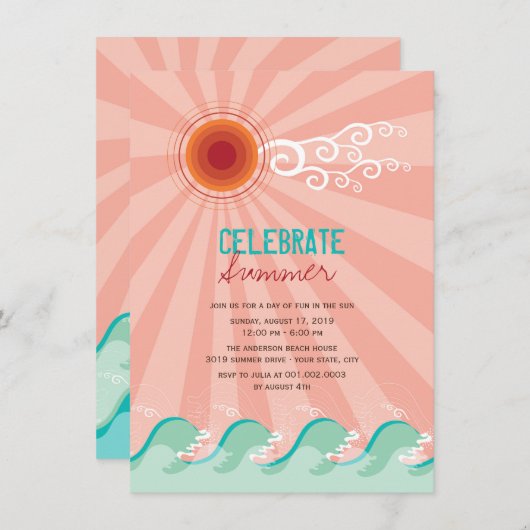 Stylish Cool Waves Pink Sun Summer Party nodigt ui Kaart (Voorkant / Achterkant)