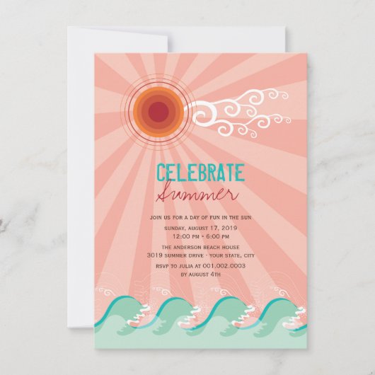 Stylish Cool Waves Pink Sun Summer Party nodigt ui Kaart (Voorkant)