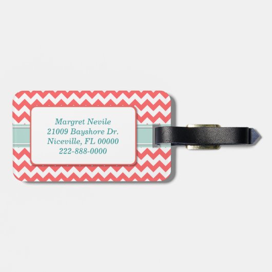 Stylish Coral Chevron en Monogram Bagagelabel (Achterkant horizontaal)