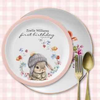 Stylish Cute Bunny Colorful Flower Party Plate Papieren Bordje