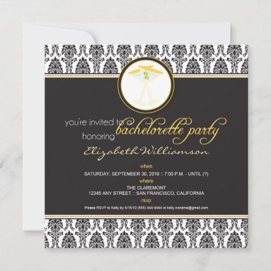 Stylish Damask Bachelorette Invite (geel) Kaart (Voorkant)
