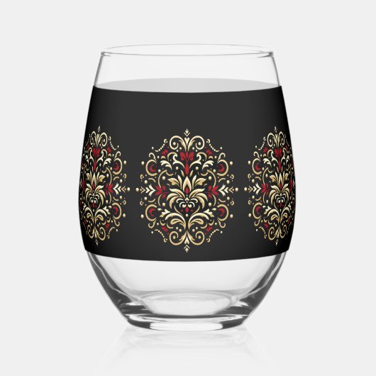 Stylish Damask Black Red Gold Pattern Wijnglas Zonder Voet (Voorkant)