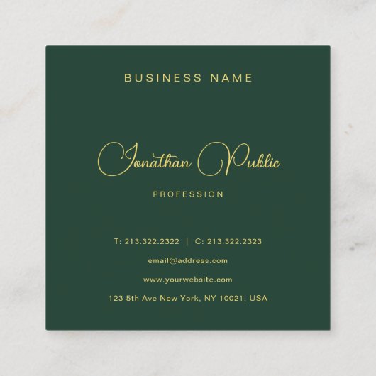 Stylish Dark Green Gold Text Typography Glossy Vierkante Visitekaartje (Achterkant)