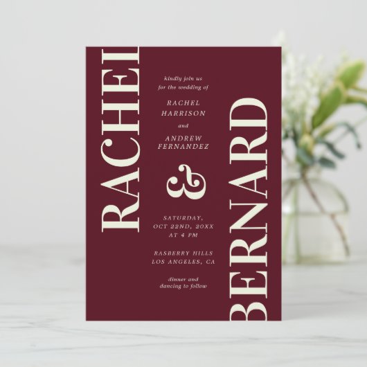 Stylish Deep Burgundy Typography QR Code Wedding Kaart (Staand voorkant)