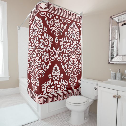 Stylish Deep Red Floral Damask Greek Key Douchegordijn (In situ)