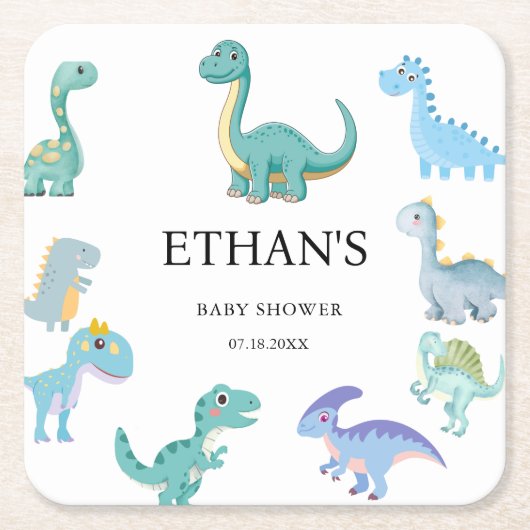Stylish Dinosaur Baby Shower White Kartonnen Onderzetters (Voorkant)