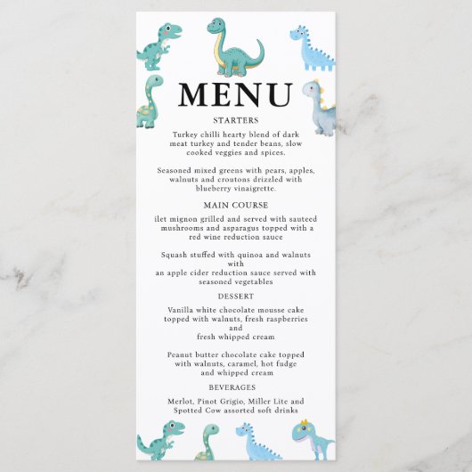 Stylish Dinosaur Baby Shower White Menu (Voorkant)