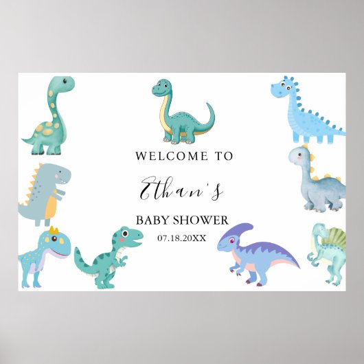 Stylish Dinosaur Baby Shower White Poster (Voorkant)