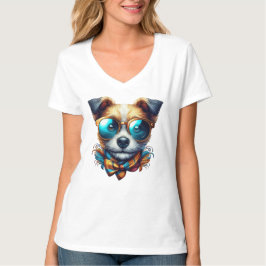 Stylish Dog With Glasses Colorful Modern Pet Art T-shirt