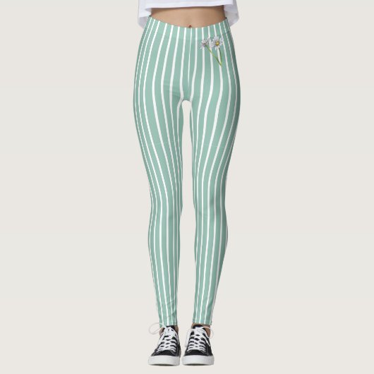 Stylish Duck Egg Blue Striped Watercolor Daisy  Leggings (Voorkant)