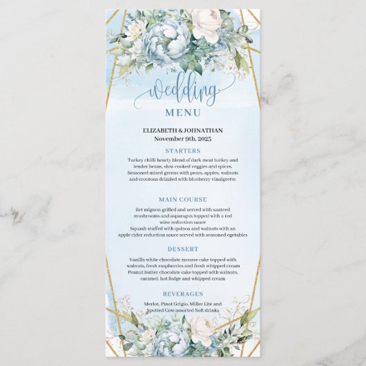 Stylish Dusty Blue Eucalyptus Leaves Wedding Menu (Voorkant)