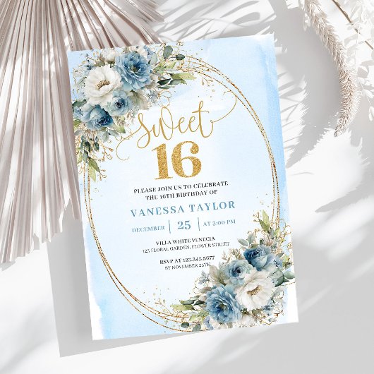 Stylish Dusty Blue Floral Gold Sweet 16th Invite Kaart