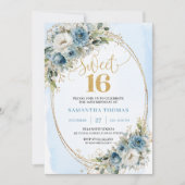 Stylish Dusty Blue Floral Gold Sweet 16th Invite Kaart (Voorkant)