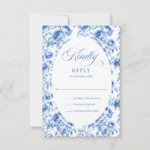 Stylish Dusty Blue Toile Roses Wedding RSVP Card (Voorkant)