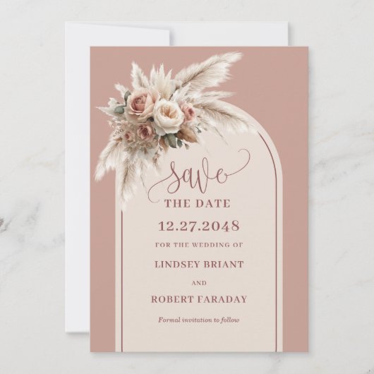 Stylish Dusty Pink Floral Arch Save the Date Kaart (Voorkant)