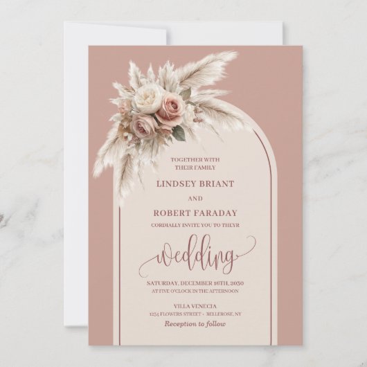 Stylish Dusty Pink Pampas Arch Wedding Invitation Kaart (Voorkant)