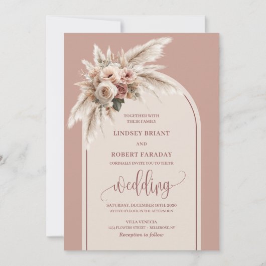 Stylish Dusty Pink Pampas Floral Wedding Invites Kaart (Voorkant)