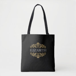 Stylish Elegant Monogram Black Gold Tote Bag