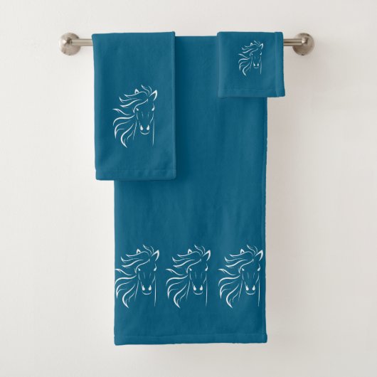 Stylish, Elegant, White Horse Silhouettes on Blue Bad Handdoek (Insitu)