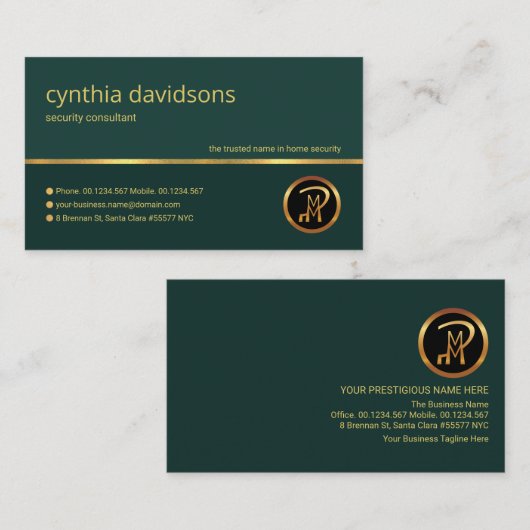 Stylish Emerald Green Gold Line Security Guard Visitekaartje (Voorkant / Achterkant)