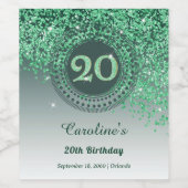 Stylish Falling Green Glitter 20th Birthday Wijn Etiket (Enkel label)