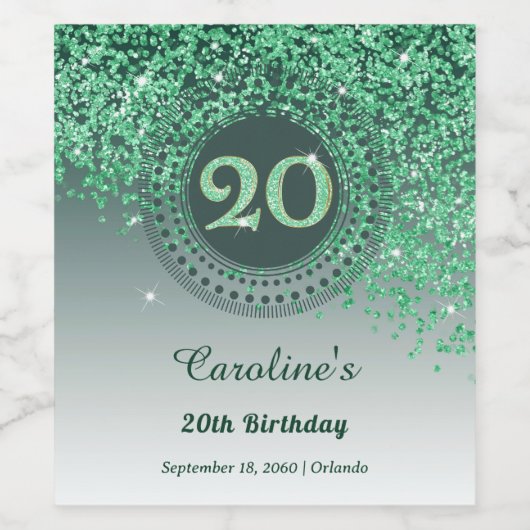 Stylish Falling Green Glitter 20th Birthday Wijn Etiket (Enkel label)