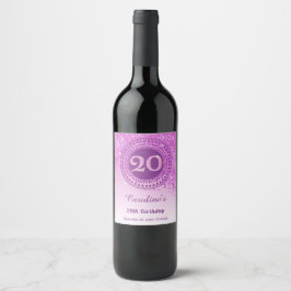 Stylish Falling Pink Glitter 20th Birthday Wijn Etiket