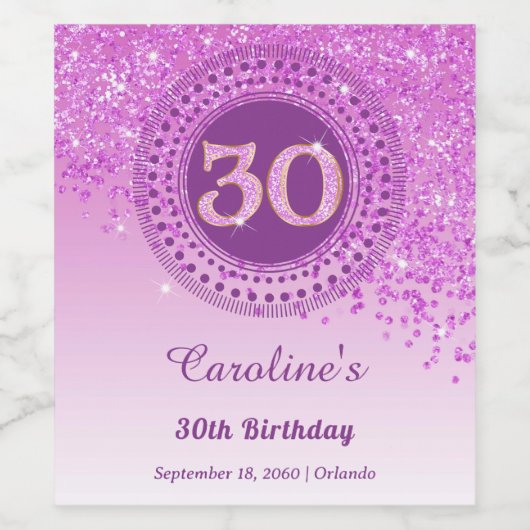 Stylish Falling Pink Glitter 30th Birthday Wijn Etiket (Enkel label)