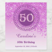 Stylish Falling Pink Glitter 50th Birthday Wijn Etiket (Enkel label)