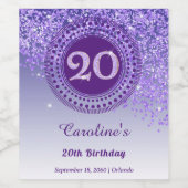 Stylish Falling Purple Glitter 20th Birthday Wijn Etiket (Enkel label)