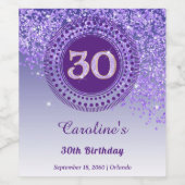 Stylish Falling Purple Glitter 30th Birthday Wijn Etiket (Enkel label)