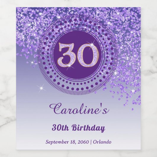 Stylish Falling Purple Glitter 30th Birthday Wijn Etiket (Enkel label)