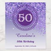 Stylish Falling Purple Glitter 50th Birthday Wijn Etiket (Enkel label)