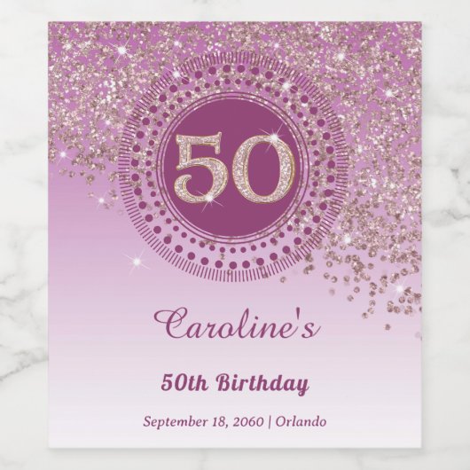 Stylish Falling Rose Gold Glitter 50th Birthday Wijn Etiket (Enkel label)